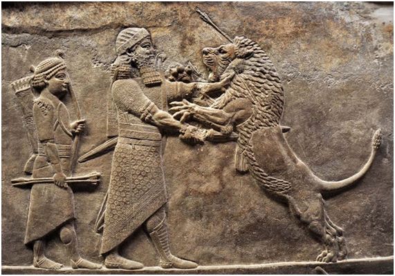 El rey Asurbanipal cazando leones